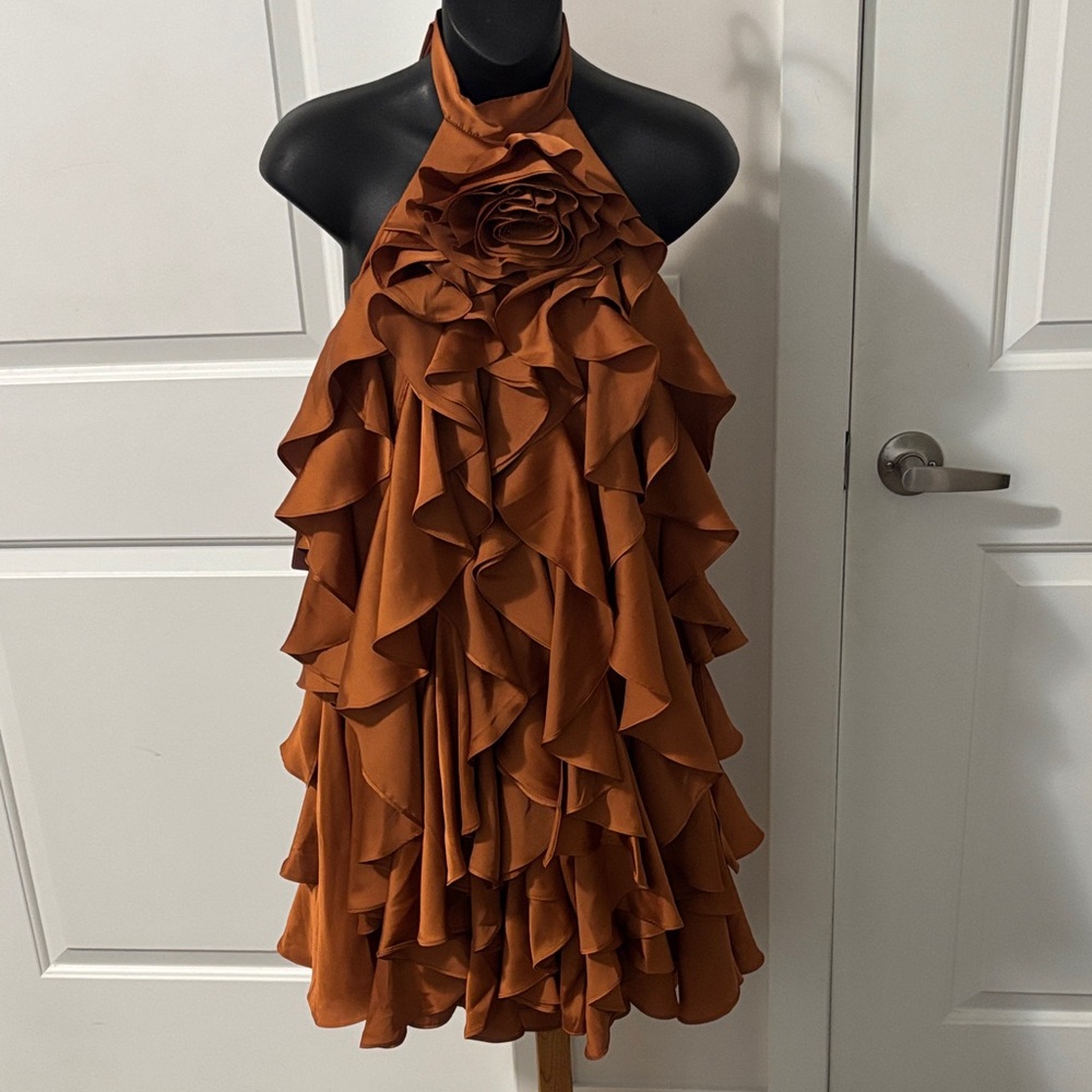 Anthropologie BHLDN Halter Neck Ruffle Dress Amber Brown